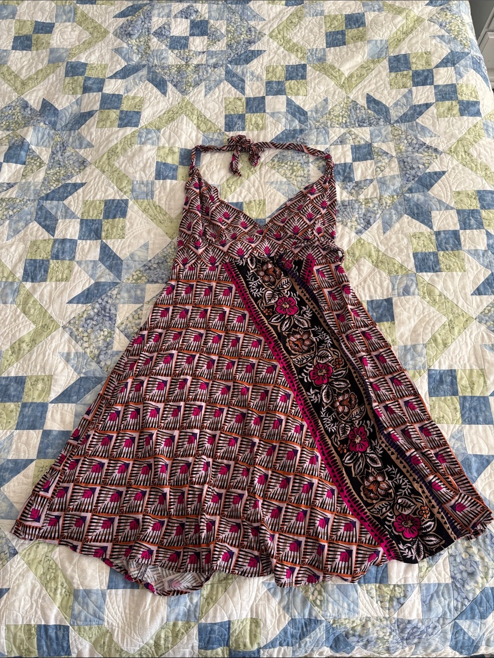 Express geometric halter wrap dress in Black & Pink